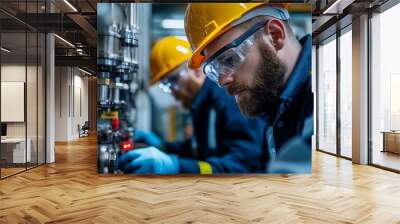 Workers in safety gear operating machinery in a factory setting. Wall mural