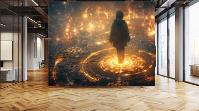 Young boy treading on glowing magic circles, ancient symbols illuminating path Wall mural