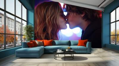 Young couple sharing a romantic kiss in a vibrant light setting. Wall mural