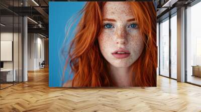 Close up of a woman with red hair, freckles on her face, and expressive eyes Wall mural