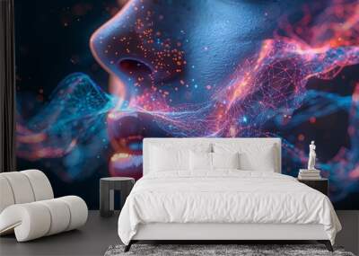 Close-up of Womans Nose with Futuristic Digital Elements and Glowing Particles Wall mural