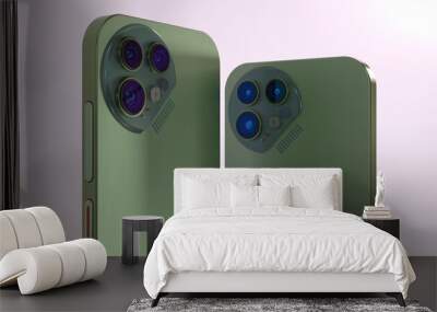 Close up view of digital camera lenses modules of two green colored metal smartphones, 3D model, 3D rendering Wall mural