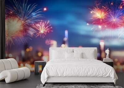 Colorful Fireworks Lighting Up the Night Sky Over a Vibrant Cityscape Wall mural