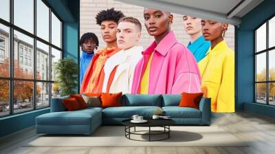 Diverse young adults in vibrant streetwear confidently posing in urban setting Wall mural