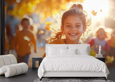 Joyful Kids Running Through Autumn Leaves in a Sunny Park Wall mural