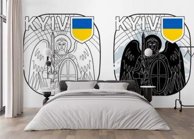 St. Michael the Archangel the Patron Saint of city of Kyiv, concept minimalist graphic art, symbol, two black and white edition, Ukraine flag colors - yellow and blue Wall mural