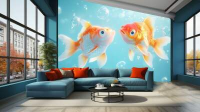 Two Beautiful Goldfish Swimming in Clear Blue Water With Bubbles Wall mural