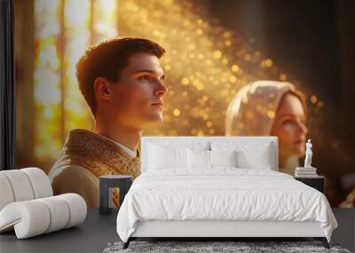 Young Priest and Nun Praying in Sunlit Church During Morning Worship Wall mural