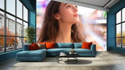 Young Woman Shopping in a Modern Supermarket, Surrounded by Colorful Shelves Wall mural