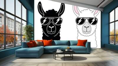 Cool Llama with Sunglasses Clipart Set - Outline, Silhouette and Color Wall mural