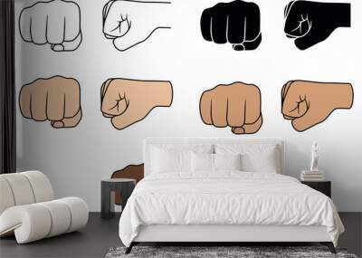 Fist Punching from Front and Side Clipart Set - Outline, Silhouette and Color Wall mural