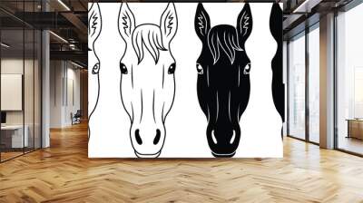 Horse Face / Head Front Clipart Set - Outline and Silhouette Wall mural