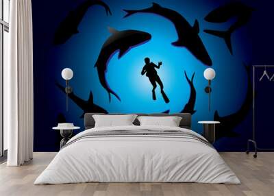 Sharks and scuba diver vector Wall mural