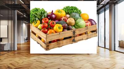 wooden box with fresh vegetables and fruit on a transparent background Wall mural