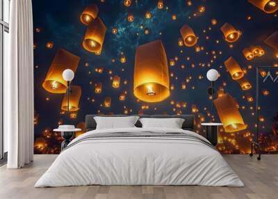 A breathtaking night scene filled with glowing lanterns floating gracefully against a dark sky, creating a magical and serene atmosphere. Wall mural