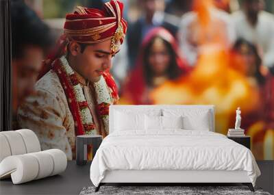 A groom in traditional attire performs a sacred ritual during an Indian wedding ceremony, surrounded by vibrant decorations and ceremonial flames.  Wall mural