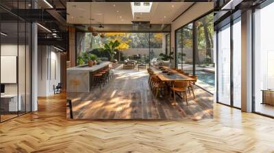 A modern kitchen and dining area with large windows overlooking an outdoor pool and garden, bathed in natural light.  Wall mural