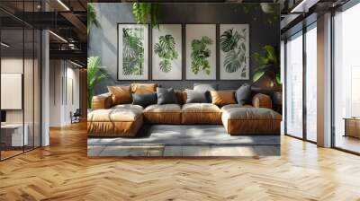 A modern living room interior with a plush sofa, an abundance of green plants, and framed botanical art prints on the wall.  Wall mural