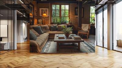 A rustic living room with wooden furniture Wall mural