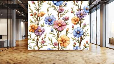 A seamless pattern with intricate garden flowers, softly painted in watercolor, creating a continuous flow Wall mural