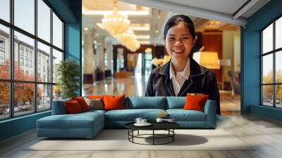 A smiling hotel staff member in uniform standing in the luxurious lobby of a hotel  Wall mural