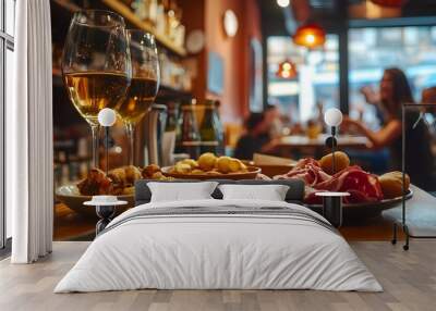 A traditional Spanish tapas bar with small plates of patatas bravas, jamón ibérico, and a glass of sangria, with lively conversation in the background. A beautifully arranged table featuring two glass Wall mural