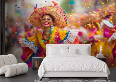 A vibrant and joyful scene of a woman in a colorful traditional costume celebrating at a lively festival amidst a flurry of confetti.  Wall mural