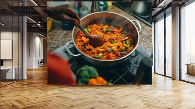 A West African kitchen with a large pot of jollof rice cooking, colorful vegetables and spices on the counter, and a person stirring the pot. A close-up shot of a person stirring a colorful vegetable  Wall mural