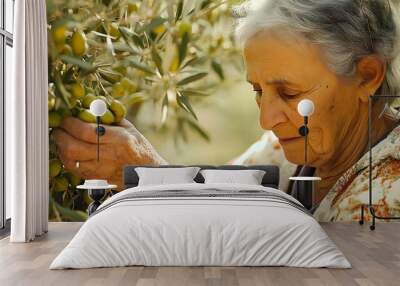 An elderly woman carefully harvests olives from a tree in a sunlit orchard, showcasing traditional farming practices and a connection to nature.  Wall mural