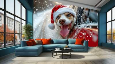 Christmas dog in a snowy car window Wall mural