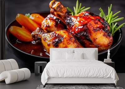 Juicy roasted chicken with crispy skin, golden brown, served with a side of glazed carrots and rosemary, rustic setting Wall mural