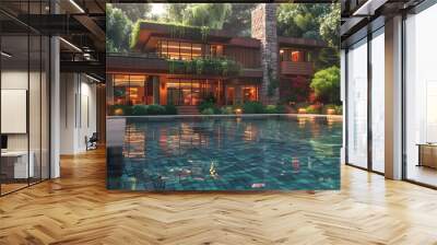 Luxurious modern house with illuminated lights at dusk by the poolside, surrounded by lush greenery and serene nature.  Wall mural