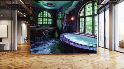 Luxurious vintage bathroom with purple tiles and a large bathtub illuminated by natural light coming through stained glass windows.  Wall mural