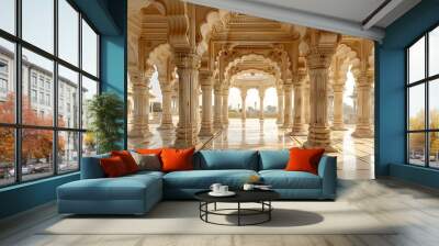 Majestic marble columns and arches of a traditional Indian palace bathed in natural light  Wall mural