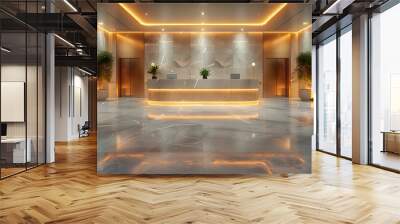 Modern and elegant office lobby with marble floors, illuminated reception desk, and decorative plants creating a luxurious entrance space Wall mural