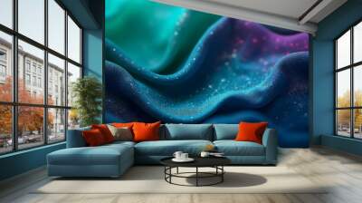 shimmering fabric background in blue, purple and green waves, flowing texture and sparkles of light Wall mural