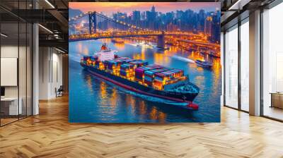 A large ocean liner loaded with containers travels along a river and passes under a large suspension bridge in an urban area at night. Wall mural