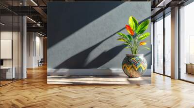 Background image of an empty black room with light beams coming from a window decorated with colorful leaves and pots. There is space for graphic design work. Wall mural