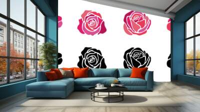 rose silhouette stained glass colorful vector illustration art set. Flower roses petal outline romantic valentine's day love bouquet decorative mosaic graphic design wedding card married red pink line Wall mural