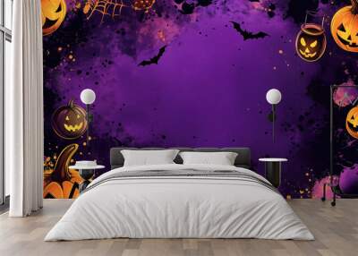 A purple background with Halloween decorations including pumpkins, ghosts, and bats. The background is purple and the decorations are orange and black Wall mural