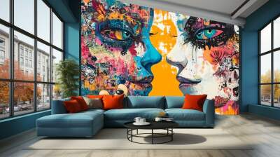 Colorful artistic portrayal of two faces. Wall mural