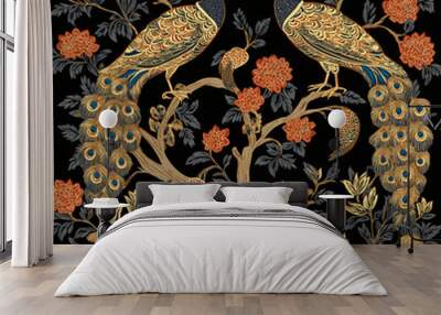 Two majestic pattern with peacocks and flowers in bright colors, thai style Wall mural