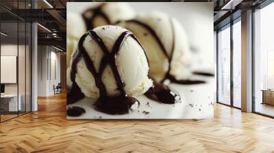 A close-up of custard apple ice cream scoops, topped with a drizzle of chocolate sauce, presented on a clean white surface for a tempting treat Wall mural