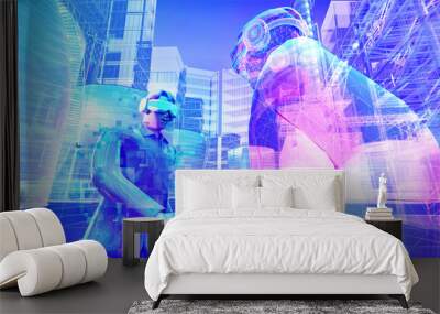 Business man wear virtual glasses is shaking hand with hologram avatar graphic in digital multiverse cyberspace , futuristic communication concept. 3D rendering picture. Wall mural