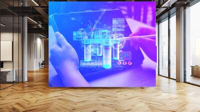 Business Woman use hologram AR display device to present innovatin construction industry structure on smart meeting network , futuristic in metaverse concept.  Wall mural