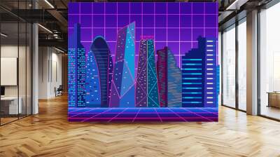 Futuristic cityscape banner with digital grid over lay on gradient violet background, illustration picture. Wall mural