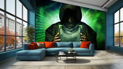 Hacker raise hands up to control computer coding , 3D rendering. Wall mural