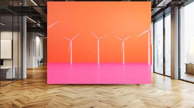 A colorful composition of five wind turbines against an orange background, symbolizing renewable energy and sustainability. Wall mural