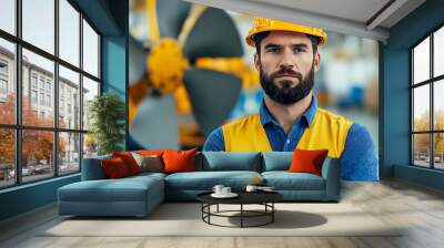 A confident male engineer in a safety helmet and vest stands in a manufacturing facility, showcasing a strong presence in an industrial environment. Wall mural