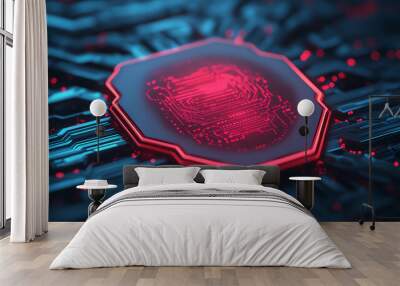 A detailed, futuristic microchip design with a glowing red center set against a dark, intricate circuit board background. Wall mural